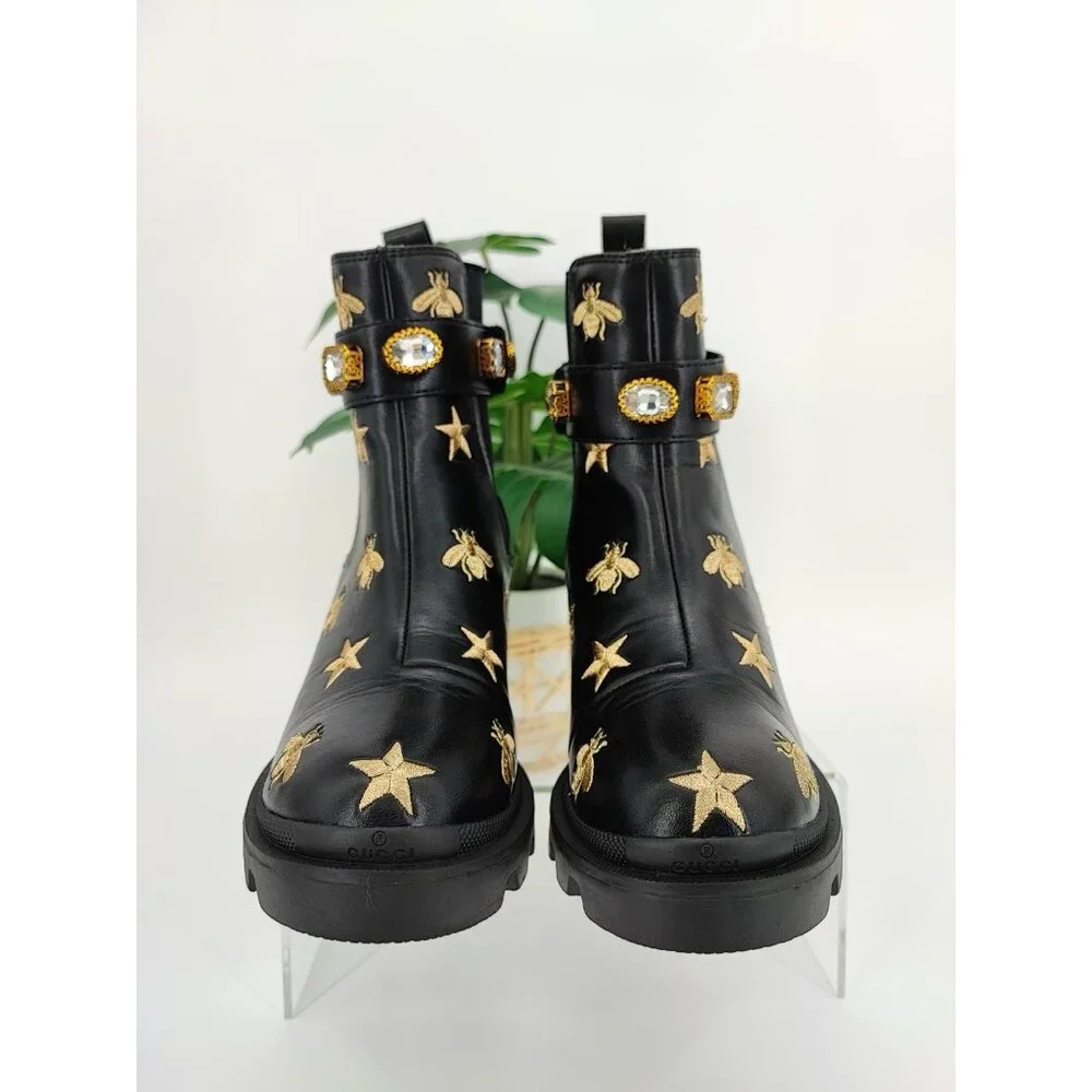 Gucci Bee & Star Embroidered Women's Size 7.5 US Leather Black Ankle Boots - Picture 2 of 9
